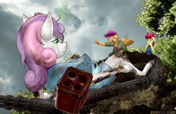 Size: 3212x2094 | Tagged: safe, artist:fluffyorbiter, apple bloom, scootaloo, sweetie belle, gynoid, robot, anthro, unguligrade anthro, g4, broken, broken horn, cliff, cloud, covering mouth, crying, cutie mark crusaders, destabilize, disheveled, falling, female, filly, foal, glowing, glowing eyes, high res, horn, mechanic, minigun, robot gore, rocket launcher, sad, screaming, smoke, sparks, sweetie bot, teenager, this will end in tears, trio
