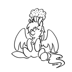 Size: 2000x2000 | Tagged: safe, artist:shiiiny, derpy hooves, pegasus, pony, g4, chest fluff, eyes closed, female, food, high res, mare, monochrome, muffin, open mouth, open smile, ponytober, simple background, sitting, sketch, smiling, solo, spread wings, white background, wings
