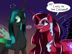 Size: 1957x1468 | Tagged: artist needed, safe, nightmare moon, queen chrysalis, oc, alicorn, changeling, changeling queen, pony, g4, clothes, costume, eye clipping through hair, fake cutie mark, fake wings, female, floppy ears, gulp, happy, nervous, smiling, sweat, sweatdrops