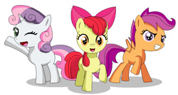 Size: 790x425 | Tagged: safe, artist:koopa-master, apple bloom, scootaloo, sweetie belle, earth pony, pegasus, pony, unicorn, g4, 2011, apple bloom's bow, blank flank, bow, cutie mark crusaders, female, filly, foal, grin, gritted teeth, hair bow, looking at you, needs more jpeg, one eye closed, open mouth, open smile, raised hoof, simple background, smiling, spread wings, teeth, white background, wings