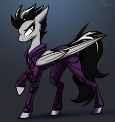 Size: 1936x2063 | Tagged: safe, artist:fenixdust, oc, oc only, oc:bail, pegasus, pony, black and white mane, bodysuit, clothes, commission, concave belly, folded wings, large wings, looking back, male, pegasus oc, pony oc, raised hoof, serious, serious face, slender, solo, stallion, standing, thin, uniform, wings, yellow eyes