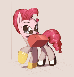 Size: 3000x3144 | Tagged: safe, artist:vultraz, pinkie pie, earth pony, pony, g4, abstract background, clothes, female, glasses, gloves, high res, jumpsuit, looking at you, mare, mouth hold, pince-nez, pinktober, raised hoof, shoes, solo, space station 13, ss13, toolbox