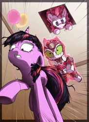 Size: 3070x4205 | Tagged: safe, artist:vultraz, pinkie pie, twilight sparkle, earth pony, pony, unicorn, g4, balloon, ceiling pony, elevator, epitaph (stand), female, gritted teeth, jojo's bizarre adventure, king crimson, mare, ponified, shocked, stand, sweat, teeth