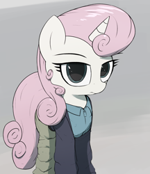 Size: 2000x2317 | Tagged: safe, artist:vultraz, twinkleshine, pony, unicorn, g4, baneposting, cia (batman), clothes, female, frown, high res, horn, looking at you, mare, solo