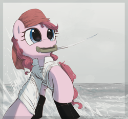 Size: 3000x2799 | Tagged: safe, artist:vultraz, pinkie pie, earth pony, pony, g4, boots, clothes, cutlass, female, high res, mare, mouth hold, ocean, pinktober, pirate, raised hoof, shoes, solo, sword, water, weapon