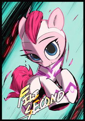 Size: 2428x3472 | Tagged: safe, artist:vultraz, fili-second, pinkie pie, earth pony, pony, g4, abstract background, clothes, female, grin, high res, jumping, looking at you, mare, pinktober, power ponies, smiling, smiling at you, solo, text
