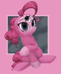 Size: 2500x3071 | Tagged: safe, artist:vultraz, pinkie pie, earth pony, pony, triclops, g4, abstract background, bodysuit, clothes, female, high res, looking at you, mare, pink guy, pinktober, raised hoof, sitting, solo, third eye, wat