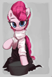 Size: 3000x4442 | Tagged: safe, artist:vultraz, pinkie pie, earth pony, pony, g4, abstract background, alternate hairstyle, clothes, dress, ear piercing, earring, female, gibson girl, jewelry, leaning, looking at you, mare, piercing, pinktober, raised hoof, smiling, solo