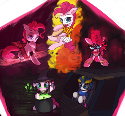 Size: 4000x3723 | Tagged: safe, artist:vultraz, pinkie pie, earth pony, pony, succubus, g4, abstract background, bedroom eyes, bowtie, candy, cauldron, clothes, clown, clown makeup, clown nose, costume, demon horns, demon wings, driving, female, food, hat, horns, lollipop, looking at you, mare, new conglomerate, pie, pinktober, planetside 2, red nose, shirt, skirt, smiling, wings, witch, witch hat, wrestler