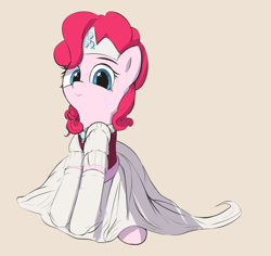 Size: 3600x3399 | Tagged: safe, artist:vultraz, pinkie pie, earth pony, pony, g4, clothes, dress, female, high res, jewelry, looking at you, mare, princess, simple background, sitting, smiling, socks, tiara, white socks