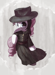 Size: 3000x4071 | Tagged: safe, artist:vultraz, pinkie pie, earth pony, pony, g4, abstract background, clothes, female, hat, jacket, looking at you, mare, pinktober, plague doctor, plague doctor mask, solo