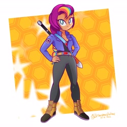 Size: 4096x4096 | Tagged: safe, artist:theratedrshimmer, sunny starscout, human, equestria girls, g4, g5, clothes, cosplay, costume, dragon ball, dragon ball z, equestria girls-ified, future trunks, g5 to equestria girls, g5 to g4, generation leap, mane stripe sunny, orange background, outline, passepartout, simple background, solo, sword, trunks (dragon ball), trunks' sword, weapon, white background