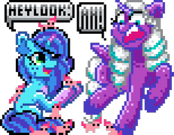 Size: 616x480 | Tagged: safe, artist:cupute, misty brightdawn, opaline arcana, pinkie pie, alicorn, pony, unicorn, g4, g5, too many pinkie pies, spoiler:g5, spoiler:my little pony: make your mark, cute, micro, pixel art, ponk, screaming, simple background, speech bubble, terrified, tiny, tiny ponies, transparent background