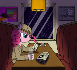 Size: 2500x2260 | Tagged: safe, artist:legendoflink, pinkie pie, earth pony, pony, g4, clothes, coffee, coffee mug, detective, diner, donut, food, hat, high res, mug, newspaper, question mark, rain, sitting, smoking, solo, wingding eyes