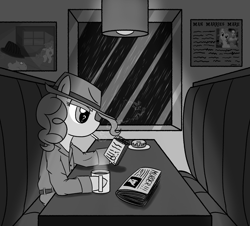 Size: 2500x2260 | Tagged: safe, alternate version, artist:legendoflink, pinkie pie, earth pony, pony, g4, black and white, clothes, detective, diner, donut, female, food, grayscale, high res, mare, monochrome, newspaper, noir, pinktober, rain, reading, sitting, smoking, solo