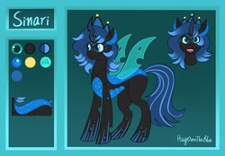 Size: 2213x1536 | Tagged: safe, artist:hayovertheblue, oc, oc:sinari, changeling, changeling queen, blue changeling, female, happy, looking at you, open mouth, open smile, reference, reference sheet, smiling, spread wings, wings