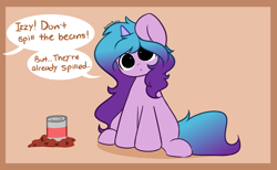 Size: 5546x3417 | Tagged: safe, artist:kittyrosie, izzy moonbow, pony, unicorn, g5, :<, beans, cans, cute, female, food, implied sunny starscout, izzy's beans, izzybetes, literal, mare, no iris, sitting, solo, speech bubble, spilled, wide eyes