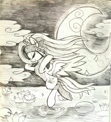 Size: 1065x1174 | Tagged: safe, artist:life_inazuma, oc, oc only, pegasus, pony, crescent moon, female, flower, lotus (flower), mare, monochrome, moon, night, solo, traditional art, water