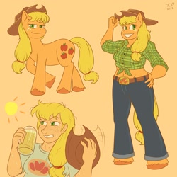 Size: 2000x2000 | Tagged: safe, artist:tashidelashi, applejack, earth pony, human, pony, anthro, g4, high res, humanized, triality