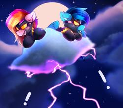 Size: 4096x3600 | Tagged: safe, artist:legionsunite, oc, oc only, oc:shy-fly, oc:velvet volt, pegasus, pony, bodysuit, clothes, cloud, costume, duo, exclamation point, grin, lightning, on a cloud, shadowbolts, shadowbolts costume, shadowbolts uniform, smiling, smirk