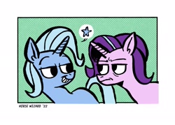 Size: 2255x1611 | Tagged: safe, artist:horsewizardart, starlight glimmer, trixie, pony, unicorn, g4, female, frown, grin, lesbian, lidded eyes, looking at each other, looking at someone, mare, ship:startrix, shipping, smiling, smiling at each other, starlight glimmer is not amused, unamused
