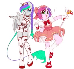 Size: 1130x1048 | Tagged: safe, artist:melodylibris, oc, oc only, oc:lony, oc:melody (melodylibris), bat pony, unicorn, anthro, unguligrade anthro, bat pony oc, blood, braid, cardcaptor sakura, cherry blossoms, clothes, cosplay, costume, dress, duo, female, flower, flower blossom, frilly dress, halloween, halloween costume, leonine tail, looking at you, mare, nurse outfit, open mouth, open smile, sakura kinomoto, scalpel, silent hill, simple background, smiling, smiling at you, socks, sparkle, standing, standing on one leg, stockings, tail, thigh highs, wand, white background
