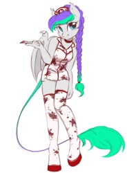 Size: 777x1054 | Tagged: safe, artist:melodylibris, oc, oc only, oc:lony, anthro, unguligrade anthro, blood, braid, clothes, costume, female, halloween, halloween costume, looking at you, mare, nurse outfit, scalpel, silent hill, simple background, smiling, smiling at you, solo, stockings, thigh highs, white background