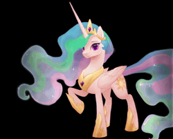 Size: 2100x1690 | Tagged: safe, artist:equum_amici, artist:kodabomb, derpibooru exclusive, princess celestia, alicorn, pony, g4, absurd file size, animated, black background, crown, ethereal mane, eyebrows, female, flowing mane, jewelry, majestic, mare, multicolored mane, multicolored tail, no sound, praise the sun, raised hoof, raised leg, regalia, simple background, smiling, solo, tail, webm