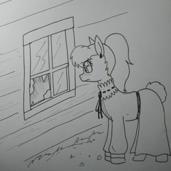 Size: 2236x2236 | Tagged: safe, artist:pony quarantine, oc, oc only, oc:bo, earth pony, pony, broken window, clothes, dress, female, freckles, grayscale, high res, looking at something, mare, monochrome, solo, traditional art, window