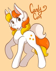 Size: 1300x1640 | Tagged: safe, artist:mscolorsplash, oc, oc only, oc:candy corn, pony, unicorn, female, mare, open mouth, orange background, raised hoof, simple background, solo