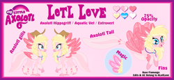 Size: 5000x2300 | Tagged: safe, oc, oc only, oc:lotl love, axolotl, hippogriff, cute, reference sheet, solo, starry eyes, wingding eyes