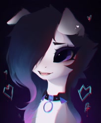 Size: 1771x2164 | Tagged: safe, artist:blcksswn, oc, oc only, pony, bust, collar, eyelashes, female, floppy ears, heart, open mouth, purple eyes, solo, white fur