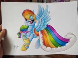Size: 4608x3456 | Tagged: safe, artist:julunis14, rainbow dash, pegasus, pony, g4, clothes, colored pencil drawing, dress, gala dress, photo, redraw, signature, smiling, smirk, solo, spread wings, traditional art, wings