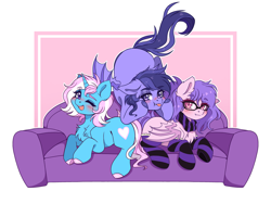 Size: 3683x2774 | Tagged: safe, artist:bizarre_pony, oc, oc:gentle heart, oc:lavender, bat pony, pegasus, pony, unicorn, clothes, commission, couch, friends, high res, simple background, socks, striped socks, trio, white background