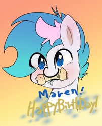 Size: 808x1000 | Tagged: safe, artist:doubt, oc, oc only, oc:blue chewings, earth pony, pony, birthday, bust, chew toy, eye clipping through hair, gradient background, heart, heart eyes, portrait, solo, wingding eyes