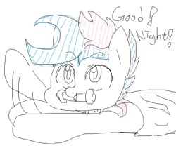 Size: 573x483 | Tagged: safe, artist:maren, oc, oc only, oc:blue chewings, earth pony, pony, 2017, blanket, dialogue, doodle, good night, lying down, old art, prone, solo, waving