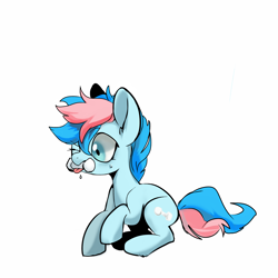 Size: 2560x2560 | Tagged: safe, artist:goldenrainynight, oc, oc only, oc:blue chewings, earth pony, pony, chew toy, high res, one eye closed, raised hoof, simple background, sitting, solo, tongue out, white background