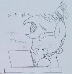 Size: 642x658 | Tagged: safe, artist:maren, oc, oc only, oc:blue chewings, earth pony, pony, 2018, birthday, bust, computer, crying, dialogue, hat, laptop computer, no eyes, old art, party hat, smiling, solo, traditional art