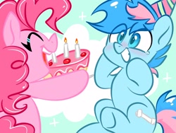 Size: 2048x1536 | Tagged: safe, artist:oofycolorful, pinkie pie, oc, oc:blue chewings, earth pony, pony, g4, birthday, birthday cake, cake, crying, eye clipping through hair, food, grin, hat, hooves on cheeks, party hat, sitting, smiling, tears of joy