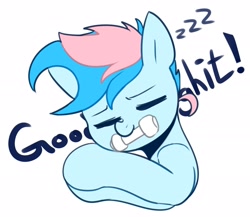 Size: 2450x2122 | Tagged: safe, artist:maren, oc, oc only, oc:blue chewings, earth pony, pony, 2019, bust, chew toy, high res, old art, onomatopoeia, simple background, sleeping, solo, sound effects, white background, zzz