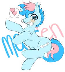 Size: 847x944 | Tagged: safe, artist:plushcharm, oc, oc only, oc:blue chewings, earth pony, pony, blushing, cute, heart, heart eyes, one eye closed, simple background, solo, speech bubble, spoken heart, standing, standing on one leg, white background, wingding eyes