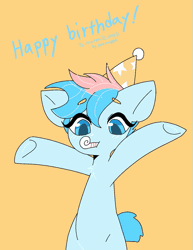 Size: 495x640 | Tagged: safe, artist:seamaggie, oc, oc only, oc:blue chewings, earth pony, pony, animated, bipedal, birthday, ear flick, eyebrows, eyebrows visible through hair, happy birthday, hat, hooves up, orange background, party hat, party horn, simple background, sitting, solo, tail, tail wag