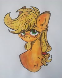 Size: 3963x4952 | Tagged: safe, artist:starkey, applejack, earth pony, pony, g4, braid, braided tail, bust, chest fluff, female, freckles, mare, signature, smiling, solo, tail, traditional art, woman