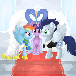 Size: 1000x1000 | Tagged: safe, artist:celedash, rainbow dash, soarin', twilight sparkle, alicorn, pegasus, pony, g4, clothes, dress, female, male, marriage, ship:soarindash, shipping, smiling, straight, wedding, wedding dress