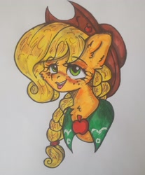 Size: 2980x3594 | Tagged: safe, artist:starkey, applejack, earth pony, pony, g4, bust, chest fluff, ear fluff, female, freckles, high res, mare, pigtails, smiling, solo, traditional art