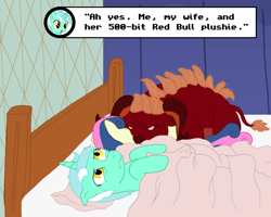 Size: 1024x818 | Tagged: safe, artist:hakar-kerarmor, bon bon, lyra heartstrings, sweetie drops, earth pony, pony, unicorn, g4, ah yes me my girlfriend and her x, bed, female, lesbian, meme, plushie, ship:lyrabon, shipping, sleeping, the last unicorn, the red bull