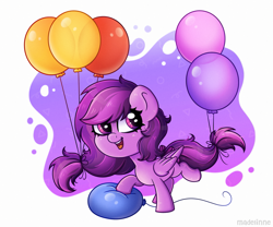 Size: 2397x1996 | Tagged: safe, artist:madelinne, oc, oc only, oc:emilia starsong, earth pony, pegasus, pony, balloon, chibi, cute, female, happy, mare, open mouth, open smile, simple background, smiling, solo, that pony sure does love balloons, white background
