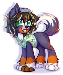 Size: 1088x1289 | Tagged: safe, artist:kannakiller, oc, oc only, dog, hybrid, pony, barrette, chest fluff, clothes, commission, cute, digital art, ear fluff, eyelashes, fangs, floppy ears, flower, full body, hat, jacket, jewelry, leaves, looking at you, paws, pendant, petals, raised tail, simple background, smiling, smiling at you, solo, tail, transparent background