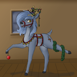Size: 2200x2200 | Tagged: safe, artist:stray prey, oc, oc only, oc:panne, deer, reindeer, bauble, bridle, christmas, christmas lights, harness, high res, holiday, jingle bells, open mouth, open smile, reindeerified, smiling, solo, species swap, standing on two hooves, tack, tinsel