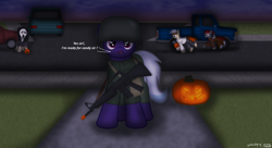 Size: 1980x1080 | Tagged: safe, artist:99999999000, oc, oc only, oc:firearm king, car, clothes, colt, foal, gun, halloween, holiday, jack-o-lantern, male, pumpkin, rifle, soldier, toy, toy gun, trick or treat, weapon